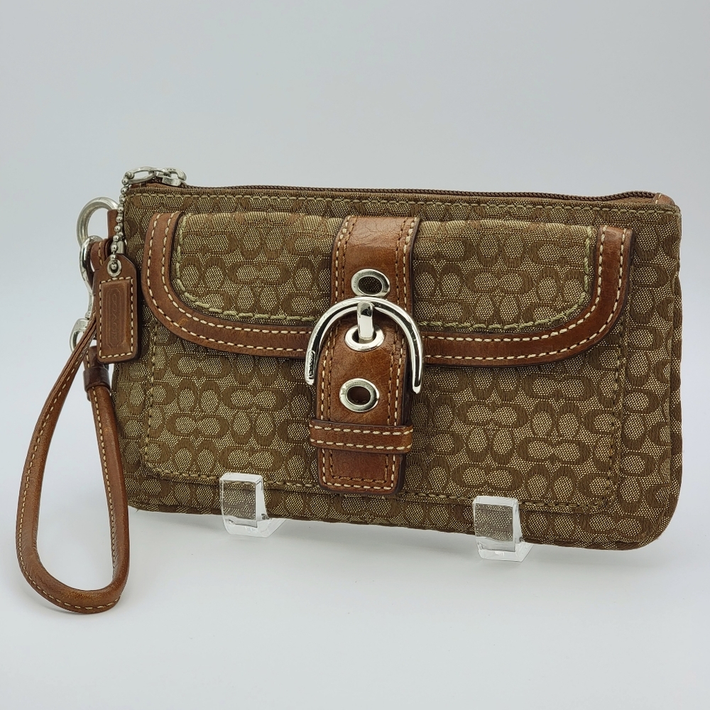 Coach Wristlet Wallet Pouch Brown Tan Signature Monogram Logo